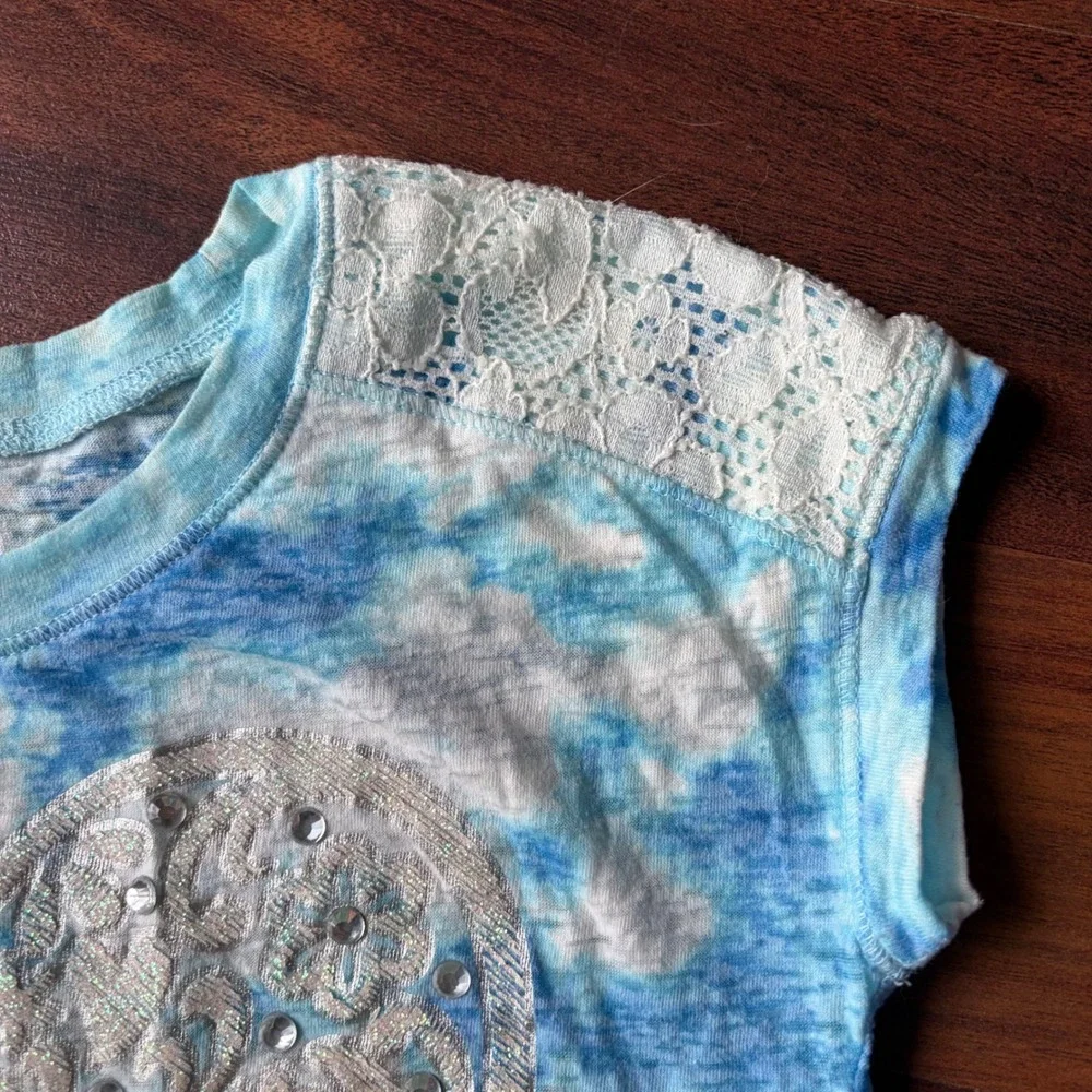 Justice Girls Blue Tie Dye‎ Heart Rhinestone Lace Crop Top Size 7